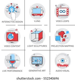 Video Content Visual Multimedia Modern Art Interactive Design Icon Set Vector Illustration
