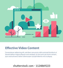 Video content, vlog concept,  production and promotion, entertainment online channel, watching films, top chart, more likes and views, vector icon, flat illustration