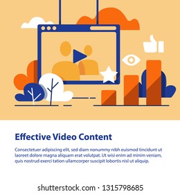 Video content, vlog concept,  production and promotion, entertainment online channel, watching films, top chart, more likes and views, vector icon, flat illustration