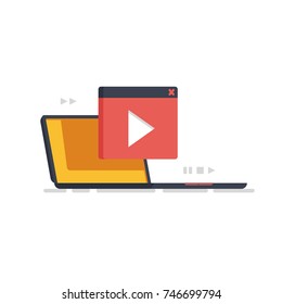 Video content watching, internet courses vector concept 3d, laptop computer page with play button symbol flat illustration isolated on white background