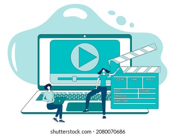 Video content.Creating and editing video content.People on the background of the director's firecracker are engaged in the production of video products.Flat vector illustration in green.