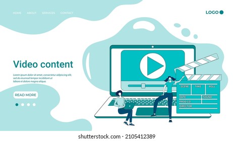 Contenido de vídeo.Las personas se dedican a crear y editar contenido de vídeo.Crear vídeos.Ilustración al estilo de una página de inicio en verde.