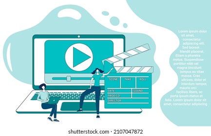Video content.People are engaged in creating and editing video content.Creating videos.An illustration in the style of a landing page in green.