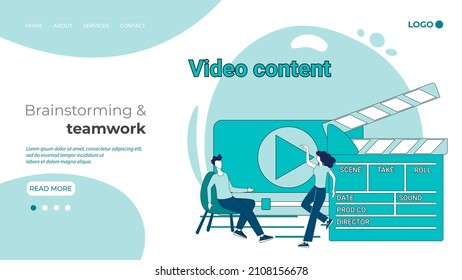 Video content.People are engaged in creating and editing video content.Creating videos.An illustration in the style of a landing page in green.