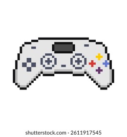 Video controller pixel art, 8 bit gamepad or joystick for video game play. Pixelatedt video game joypad with buttons and sticks.