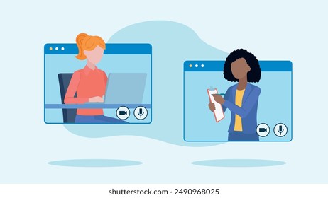 Video conversation between two employees. One employee sits at a desk and works on a laptop, the other writes something in a notebook. Both are located in the messenger application windows.