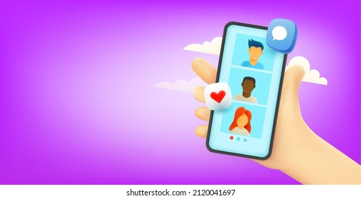 Video conversation via smart phone. 3d vector banner with copy space