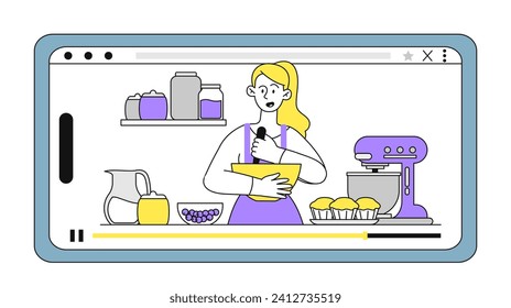 Video cooking lesson linear. Woman prepare food at video. Tutorial and master class on internet. Homemade bakery and pastry. Online educational materials. Doodle flat vector illustration