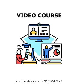 Video Course Vector Icon Concept. Online Video Course Graduation And Getting Certificate Diploma Student, Researching And Studying Remote And Online. Study And Graduation Color Illustration