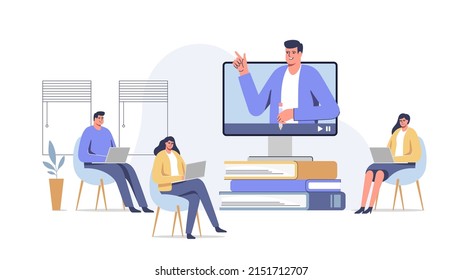 Video course, web seminar, internet class, personal teacher service for individual distant home self education. Male teacher conduct lessons online.