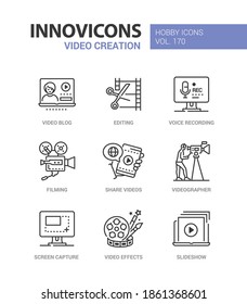Creación de vídeo - conjunto de iconos de estilo de diseño de línea. Ocupación profesional, equipo e instrumentos. Blog, edición, grabación de voz, filmación, videógrafo, compartir el trabajo, captura de pantalla, efectos, presentación de diapositivas