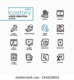 Video Creation - Line Design Style Icons Set. Professional Videographer And Programs. Filming, Editing, Voice Recording, Videographer, Share Videos, Effects, Screen Capture, Slideshow, Script, Cutting