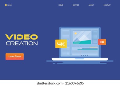 Video creation on laptop, video editing software, Video production for social media and website - flat design landing page template