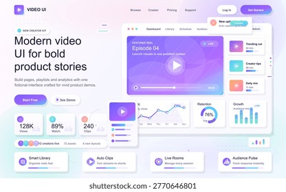 Video creator dashboard landing page with featured player, analytics widgets, content cards, and pastel gradient interface panels design