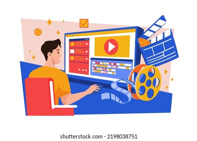 Video creator edits video with professional equipment Illustration concept on white background