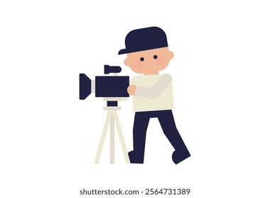 Video Creator Flat Character Illustration | Man with camera and tripod ( Vector People Web graphics, deformed, simple )