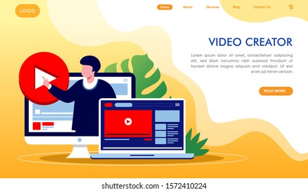 Video creator landing page website illustration vector flat design 