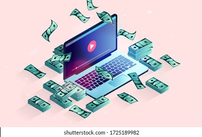 Video creator money - laptop computer with dollar money in stacks, and flying in air. Vlog, video content, and influencer income. Vector illustration.