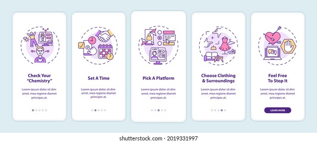 Video dating tips onboarding mobile app page screen with concepts. Pick platform for talking walkthrough 5 steps graphic instructions. UI, UX, GUI vector template with linear color illustrations