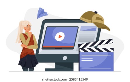 Video design concept. Woman near computer and clapperboard. Video editing on internet. Freelancer and remote worker. Filmmaking, movies and series production. Flat vector illustration