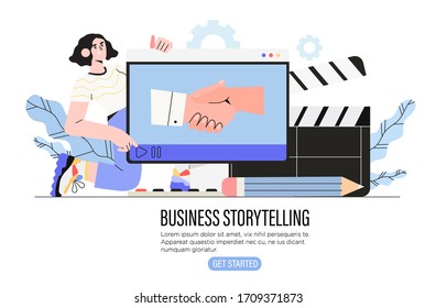 Video or digital storytelling for business or social media vector illustration for banner, ui. Girl designer use digital tools to tell story or present an idea in video format to share in internet.