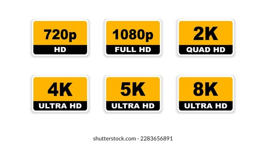 Beschriftungen für Videodimensionen. Video-Auflösung 720, 1080, 2k, 4k,5k, 8k-Badges. Qualitätselement. Qualität der Abzeichen. Vektorgrafik
