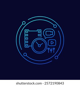 video duration time icon, film strip and clock, linear design