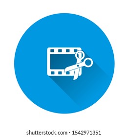 Video edit  icon. Scissors and film icon on blue background. Flat image with long shadow.