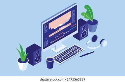 Video edit and production - Desktop PC computers with movie software on screen. Home edit and semi professional content creating concept in flat design isometric perspective illustration