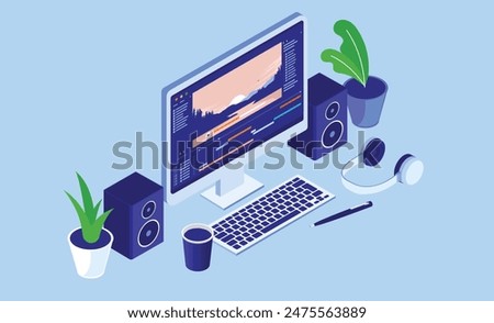 Video edit and production - Desktop PC computers with movie software on screen. Home edit and semi professional content creating concept in flat design isometric perspective illustration