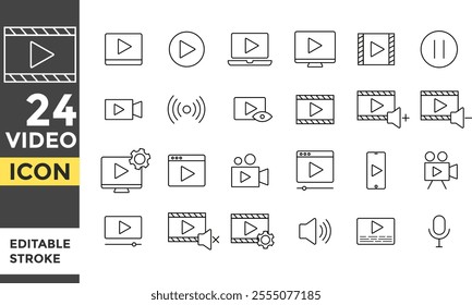 Video Editable line stroke icon set. . Pixel perfect. social media icons. Play button icon sign. Start audio or video action symbol. multimedia graphic design. Collection of internet conversation butt