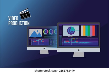 Video Editing Abstract Vector Illustration With Video Editing Monitor And Color Grading Monitor