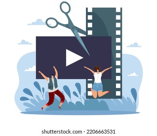 Video editing application, improved filmstrip playback. Scissors cut the film, tiny happy people, movie or photo installation. Motion production, easy animation, vector cartoon concept