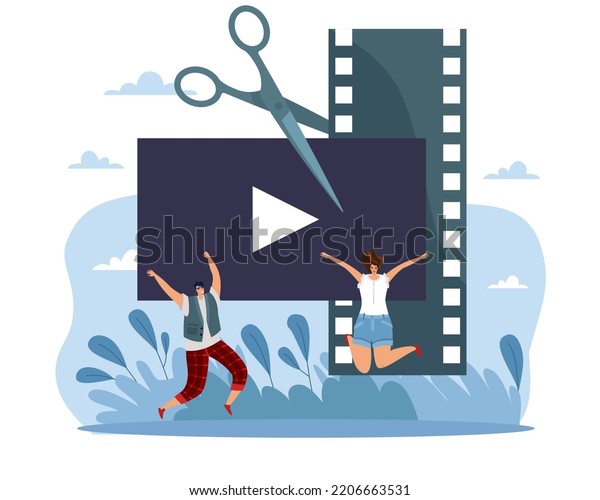 Video\
editing application, improved filmstrip playback. Scissors cut the\
film, tiny happy people, movie or photo installation. Motion\
production, easy animation, vector cartoon\
concept