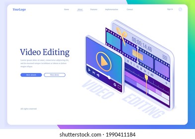 Video Editing Banner. Software For Montage Movie, Application For Edit Media Content And Film Production. Vector Landing Page With Isometric Illustration Of Digital Tablet With Video Maker App