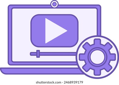 Video Editing Color Icon. Vector Icon of Laptop, Video Player, and Gear. Video blogging. Video and Social Networks Concept