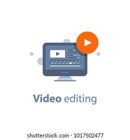 Video editing computer program, making movie, post production, black desktop, vector illustration, flat icon