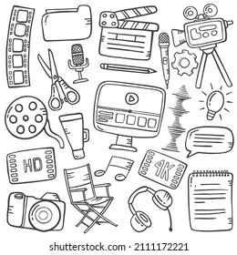 video editing concept doodle hand drawn set collections with outline black and white style