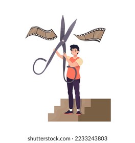 Video editing concept. Editor cutting the film. Man working in video television industry. Flat vector illustration.