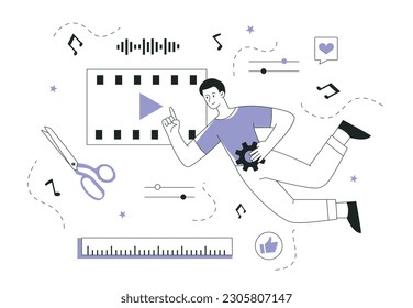 Video editing concept. Man near film strip with scissors. Mobile application and program, software. Freelancer and remote worker. Vlogger creating content. Linear flat vector illustration