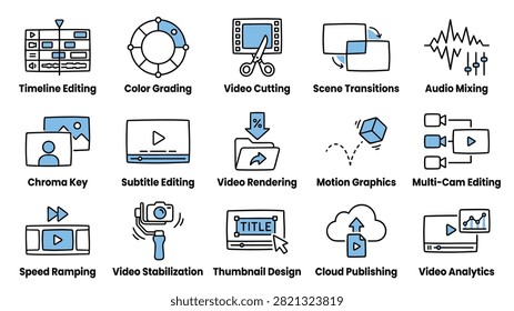 Video editing and content creation icon set with timeline editing, color grading, and audio mixing symbols for filmmakers, video apps, and media agencies.