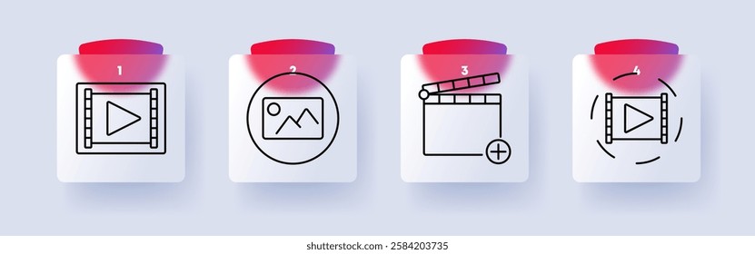 Video editing and content creation set icon. Play button, image file, clapperboard with plus sign, video processing, multimedia, streaming, filmmaking, digital media