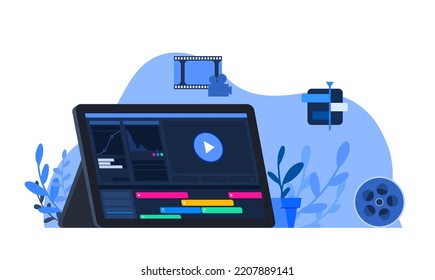 Video Editing Creative Process with Video Editor Software in Monitor Flat Vector Illustration Design