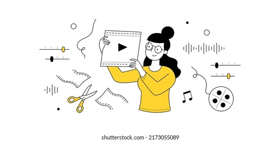 Concepto de doodle de edición de vídeo. Diseñador de movimiento o animador sosteniendo películas en las manos crea películas o clips animados. Servicio de estudio gráfico, montaje multimedia y de animación, banner web de vector lineal