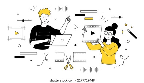 Video editing doodle concept. Motion designer or animator holding film in hands create animated movies or clips. Graphic studio service, multimedia and animation montage, Linear vector web banner svg