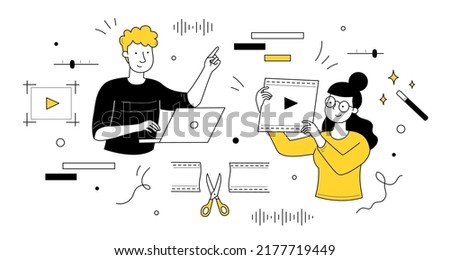 Video editing doodle concept. Motion designer or animator holding film in hands create animated movies or clips. Graphic studio service, multimedia and animation montage, Linear vector web banner