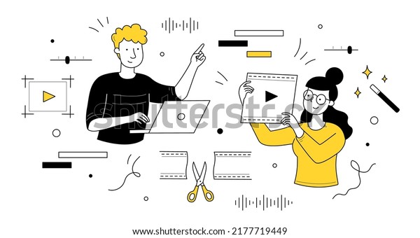 Video editing doodle concept. Motion designer or\
animator holding film in hands create animated movies or clips.\
Graphic studio service, multimedia and animation montage, Linear\
vector web banner