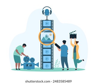 Video editing with editor software or mobile application, visual multimedia content montage and production. Tiny people look through magnifying glass at film reel frame cartoon vector illustration