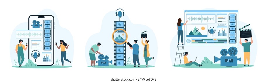 Video editing, film montage set. Tiny people control sound and video visual settings, cut frames and edit movie with mobile app on big phone screen or editor software cartoon vector illustration