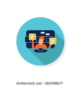 Video editing flat icon. Sign for edit studio website design. Post Production and video content customize concept. Vlog and vlogging process. Color vector illustration with shadow 